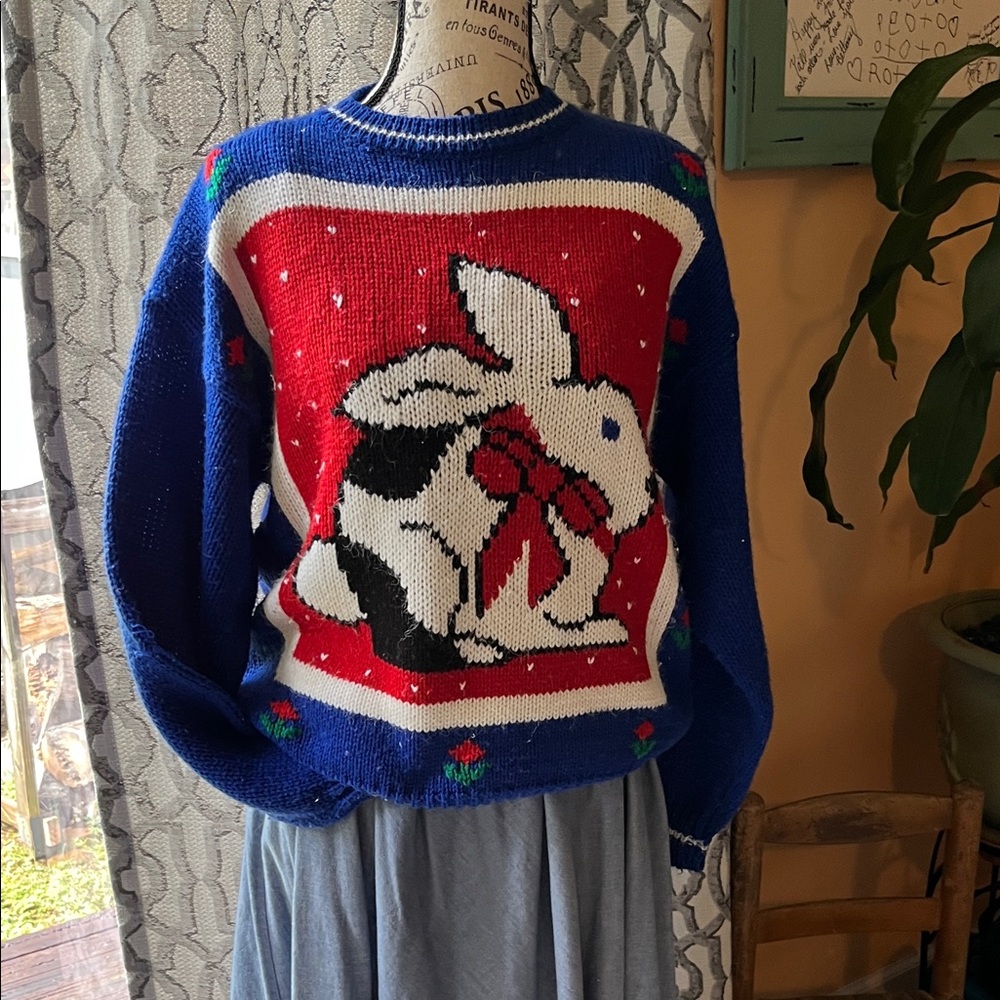 Vintage 1980s Beverly Hills Zoo Blue and Red Rabbit Sweater.